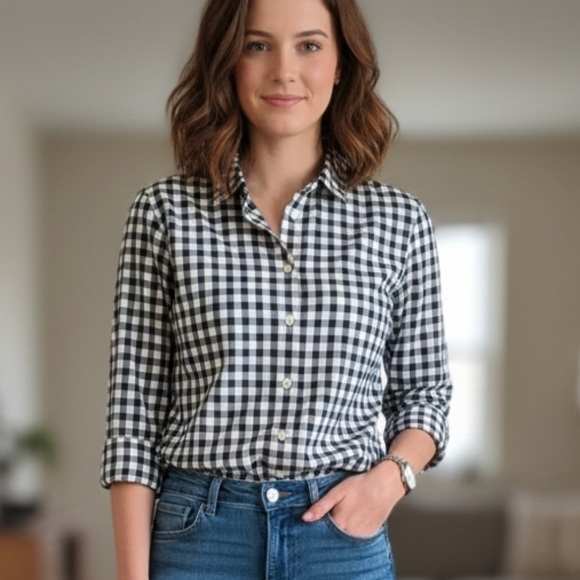 J. Crew Tops - J Crew Black and White Checkered Shirt Size Large